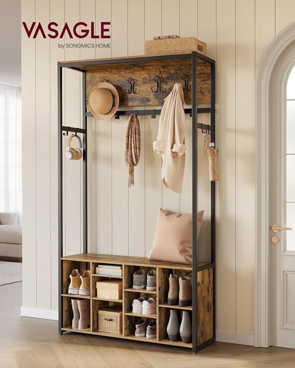 Cuier cu bancheta si pantofar, Vasagle, 100x32x180 cm, PAL/otel, maro rustic - imagine 7